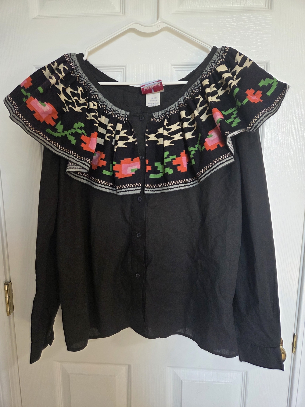 Vintage Western Wear Embroidered Peasant Blouse with Bright Floral Trim